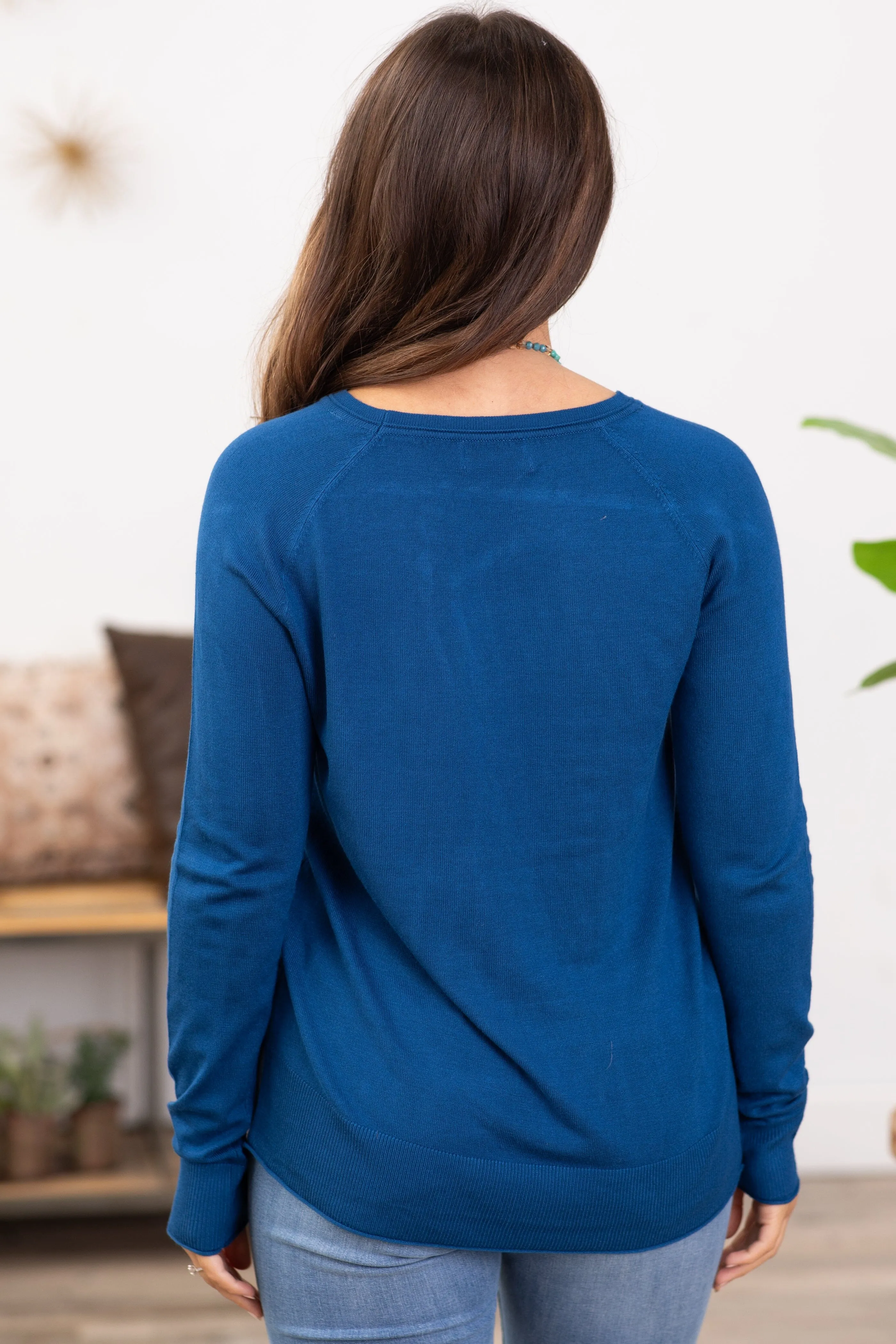 Slate Blue Lightweight Sweater With Side Slit