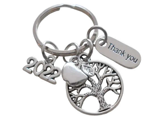 Small Tree Keychain with Thank You Charm & Apple Charm Keychain, Teacher Appreciation Keychain - Thanks for Helping Me Grow