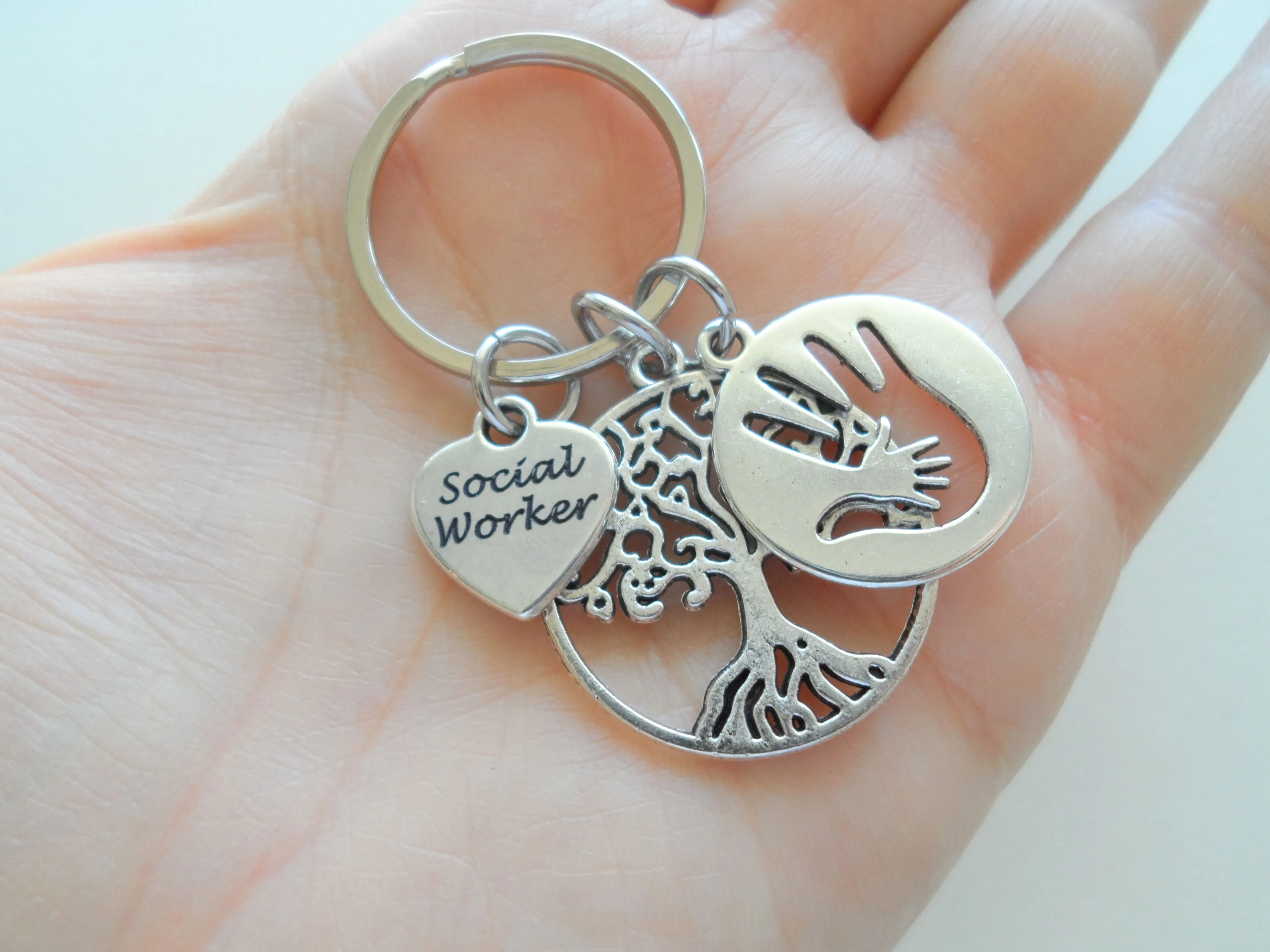 Social Worker Gift Keychain with Tree and Hand in Hand Disc Charm, Community Advocate Gift, Thank you Gift