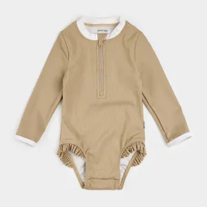 Taupe Ribbed Long-Sleeve One-Piece Swimsuit