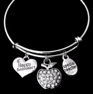 Teacher Retirement Gift Apple Charm on a Silver expandable bangle Bracelet Great Teacher Appreciation Gift