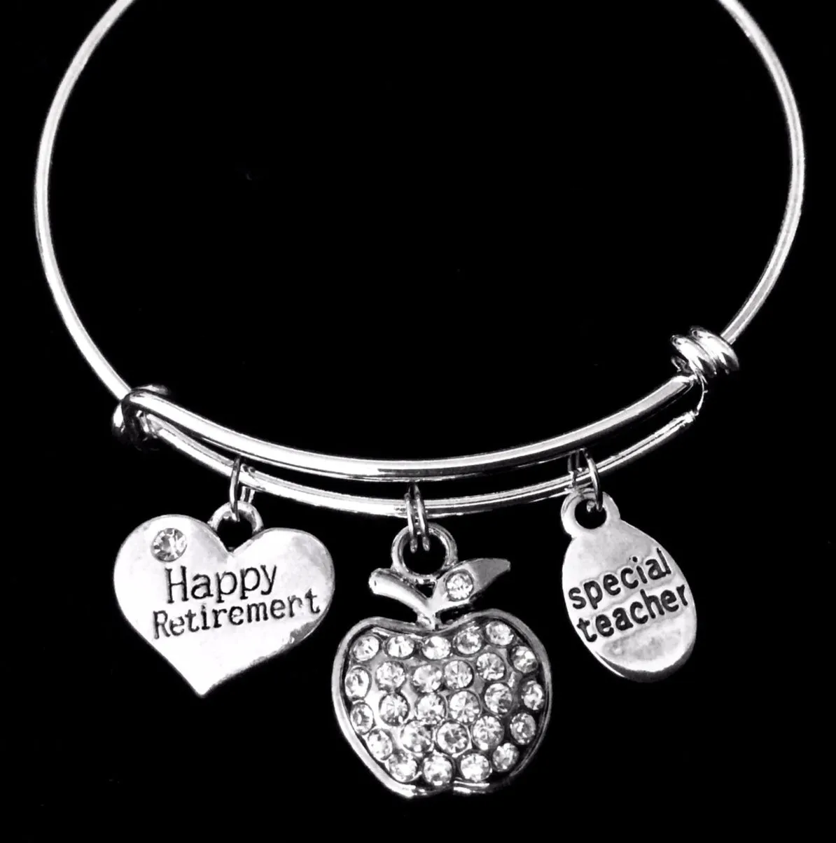 Teacher Retirement Gift Apple Charm on a Silver expandable bangle Bracelet Great Teacher Appreciation Gift