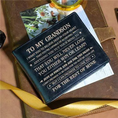 To My Grandson - Never Lose - Black Genuine Leather Wallet