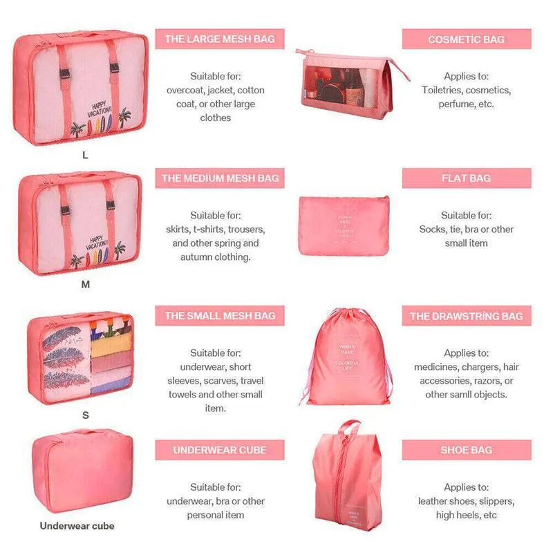 Travel Luggage Organiser Set 8PCS 6Colours Storage Bags
