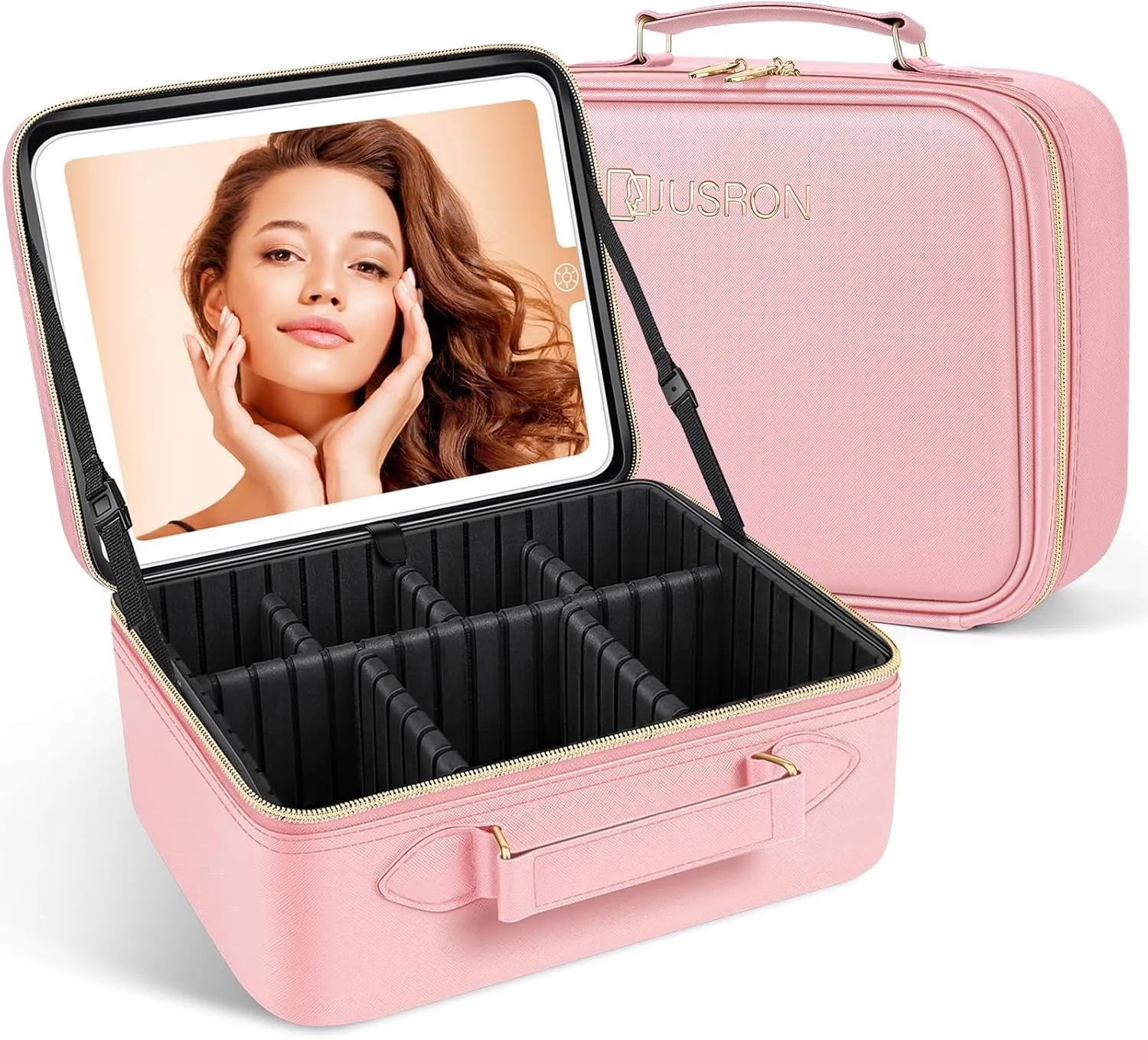 Travel Makeup Bag with LED Mirror,Train Case with Light up Mirror, Portable Makeup Artist Organizer Bag with Adjustable Dividers, Makeup Brush Holder Storage(Black, Large)