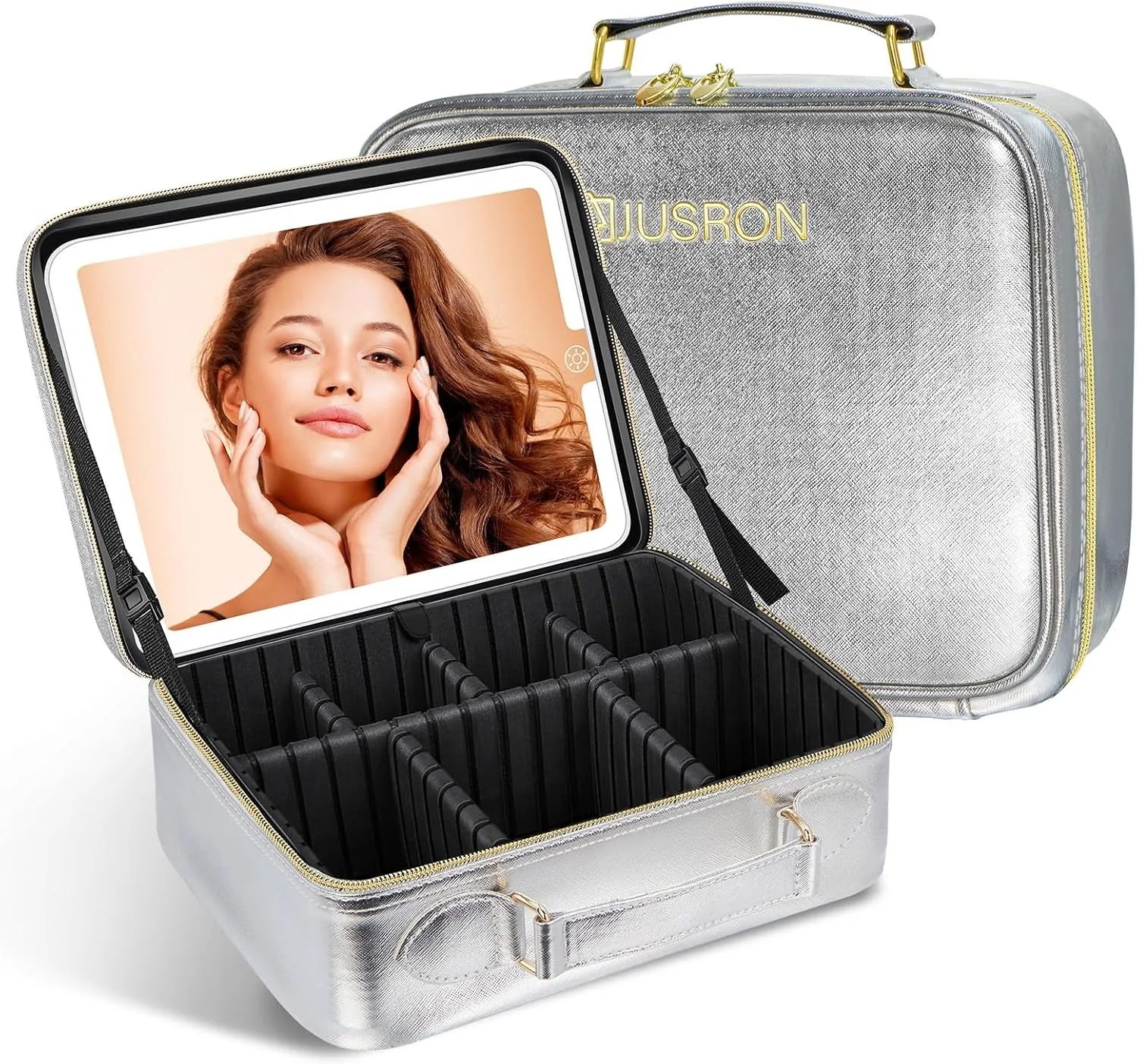 Travel Makeup Bag with LED Mirror,Train Case with Light up Mirror, Portable Makeup Artist Organizer Bag with Adjustable Dividers, Makeup Brush Holder Storage(Black, Large)