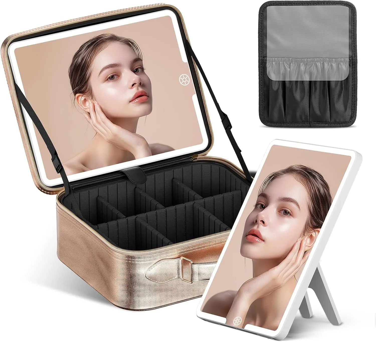 Travel Makeup Bag with LED Mirror,Train Case with Light up Mirror, Portable Makeup Artist Organizer Bag with Adjustable Dividers, Makeup Brush Holder Storage(Black, Large)