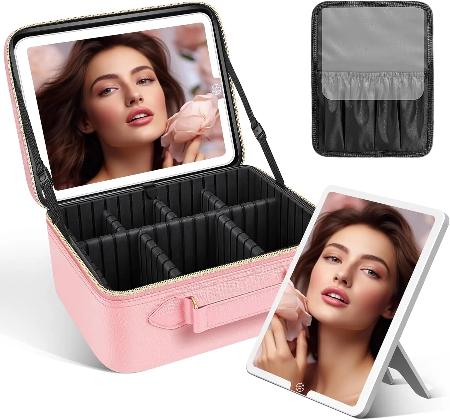 Travel Makeup Bag with LED Mirror,Train Case with Light up Mirror, Portable Makeup Artist Organizer Bag with Adjustable Dividers, Makeup Brush Holder Storage(Black, Large)