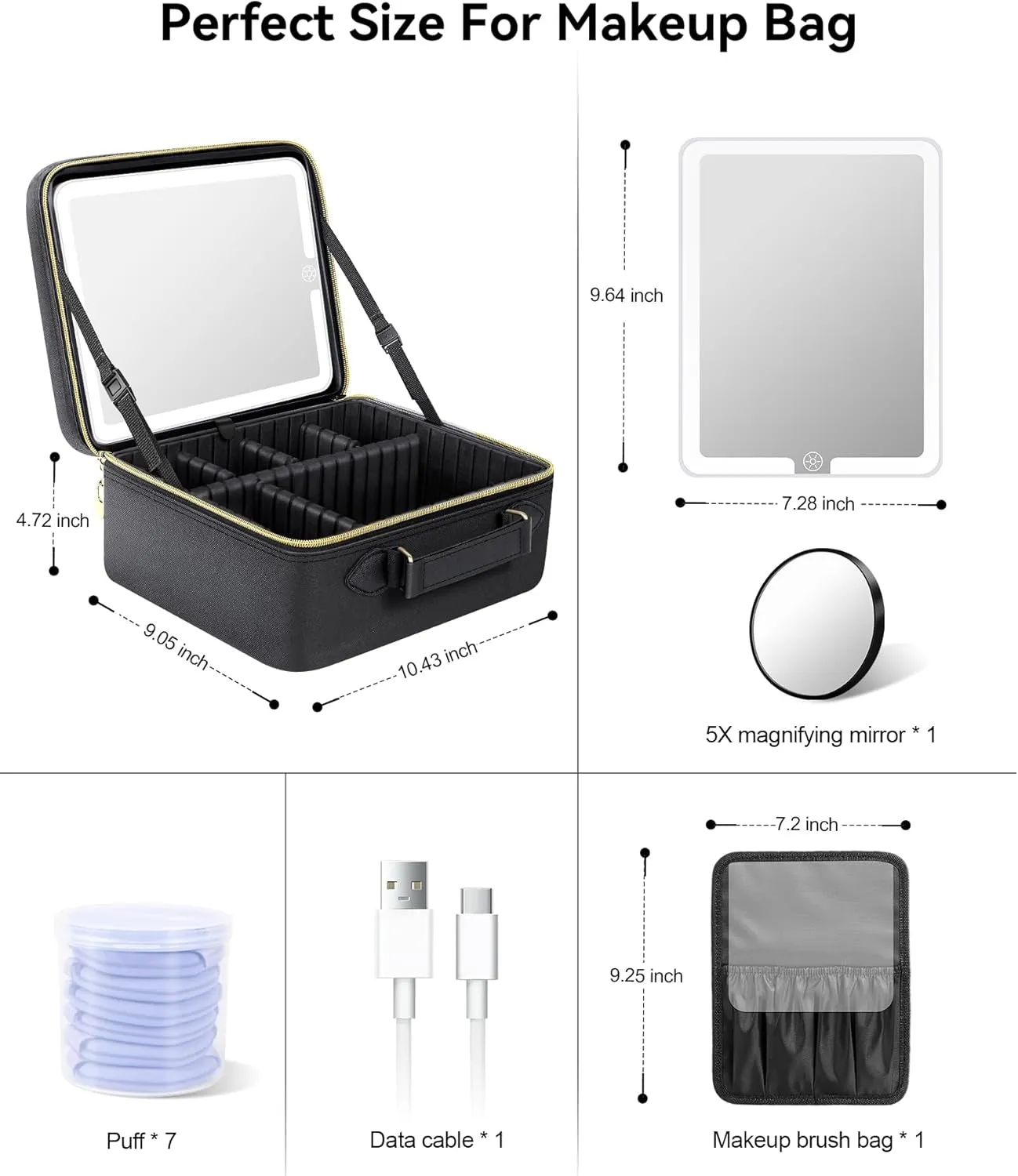 Travel Makeup Bag with LED Mirror,Train Case with Light up Mirror, Portable Makeup Artist Organizer Bag with Adjustable Dividers, Makeup Brush Holder Storage(Black, Large)