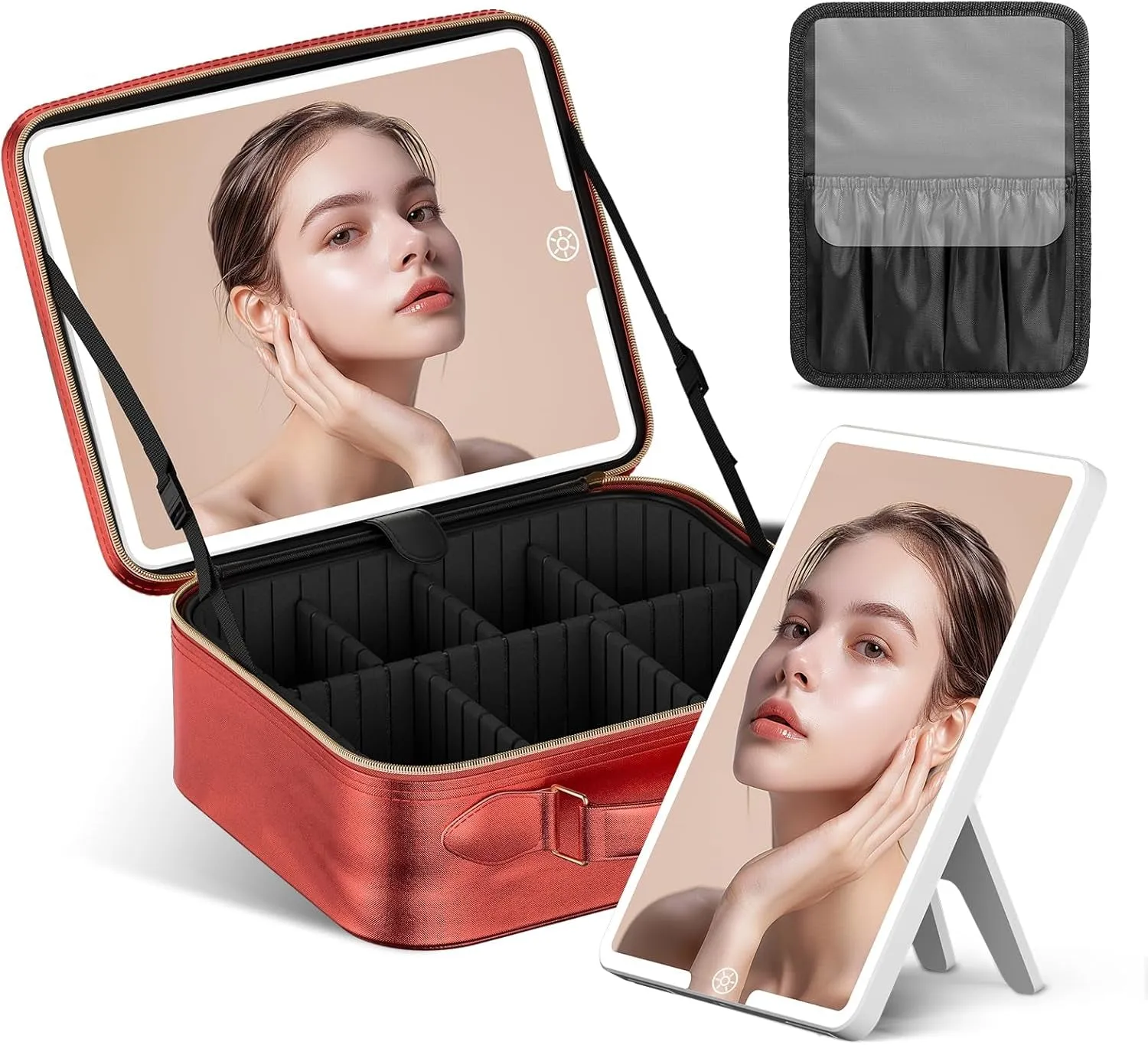 Travel Makeup Bag with LED Mirror,Train Case with Light up Mirror, Portable Makeup Artist Organizer Bag with Adjustable Dividers, Makeup Brush Holder Storage(Black, Large)