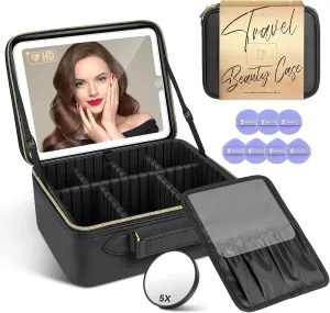 Travel Makeup Bag with LED Mirror,Train Case with Light up Mirror, Portable Makeup Artist Organizer Bag with Adjustable Dividers, Makeup Brush Holder Storage(Black, Large)