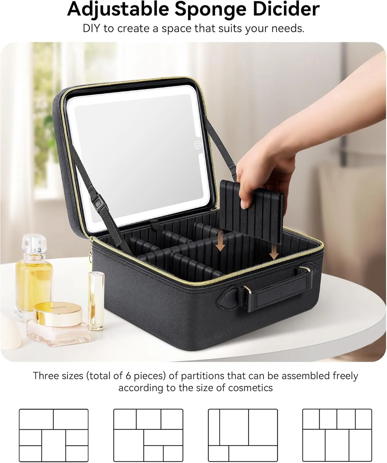 Travel Makeup Bag with LED Mirror,Train Case with Light up Mirror, Portable Makeup Artist Organizer Bag with Adjustable Dividers, Makeup Brush Holder Storage(Black, Large)