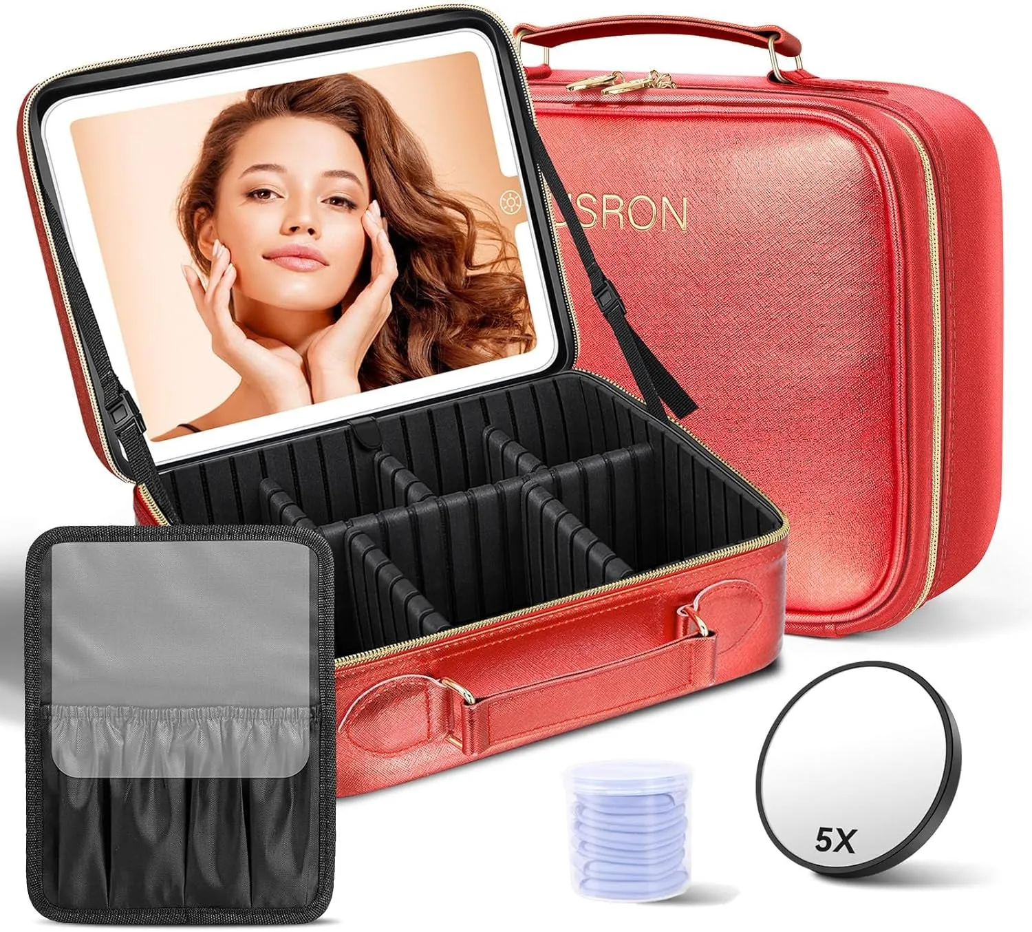 Travel Makeup Bag with LED Mirror,Train Case with Light up Mirror, Portable Makeup Artist Organizer Bag with Adjustable Dividers, Makeup Brush Holder Storage(Black, Large)
