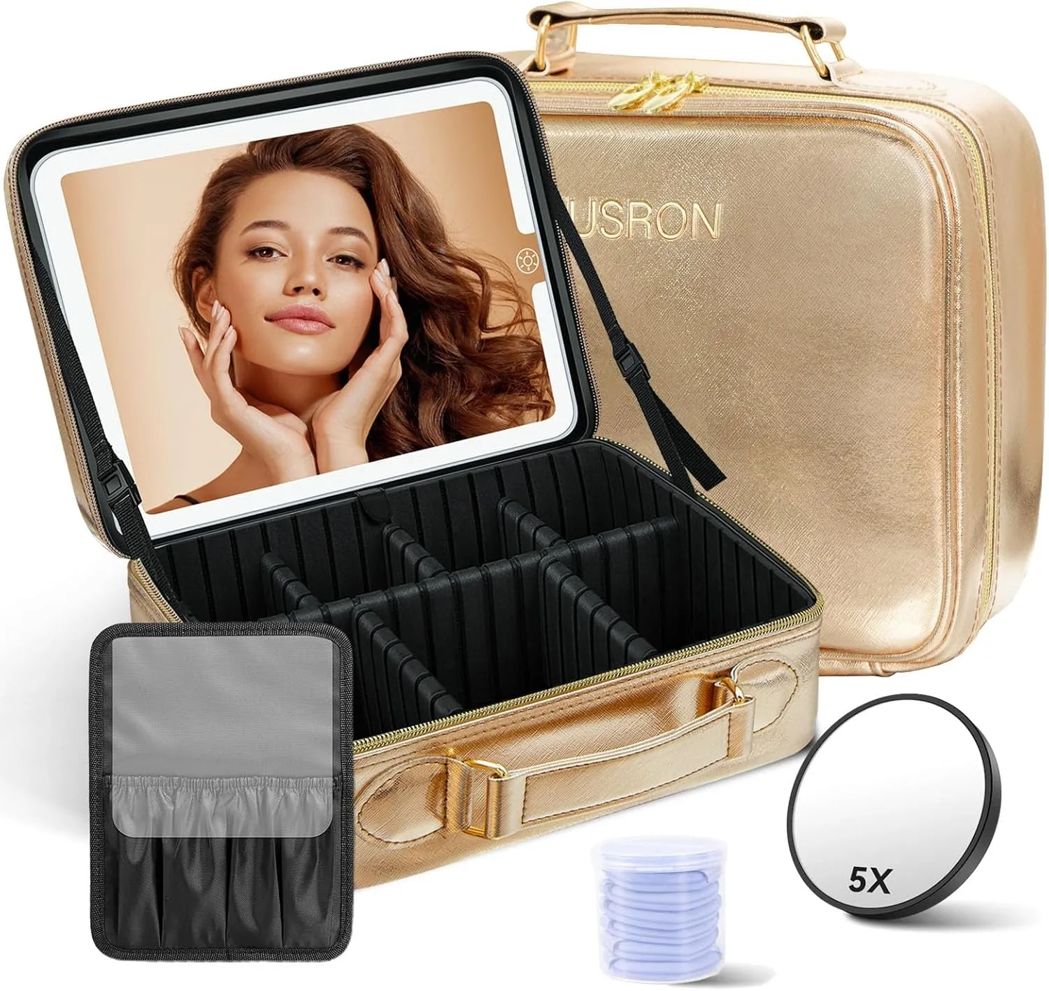 Travel Makeup Bag with LED Mirror,Train Case with Light up Mirror, Portable Makeup Artist Organizer Bag with Adjustable Dividers, Makeup Brush Holder Storage(Black, Large)