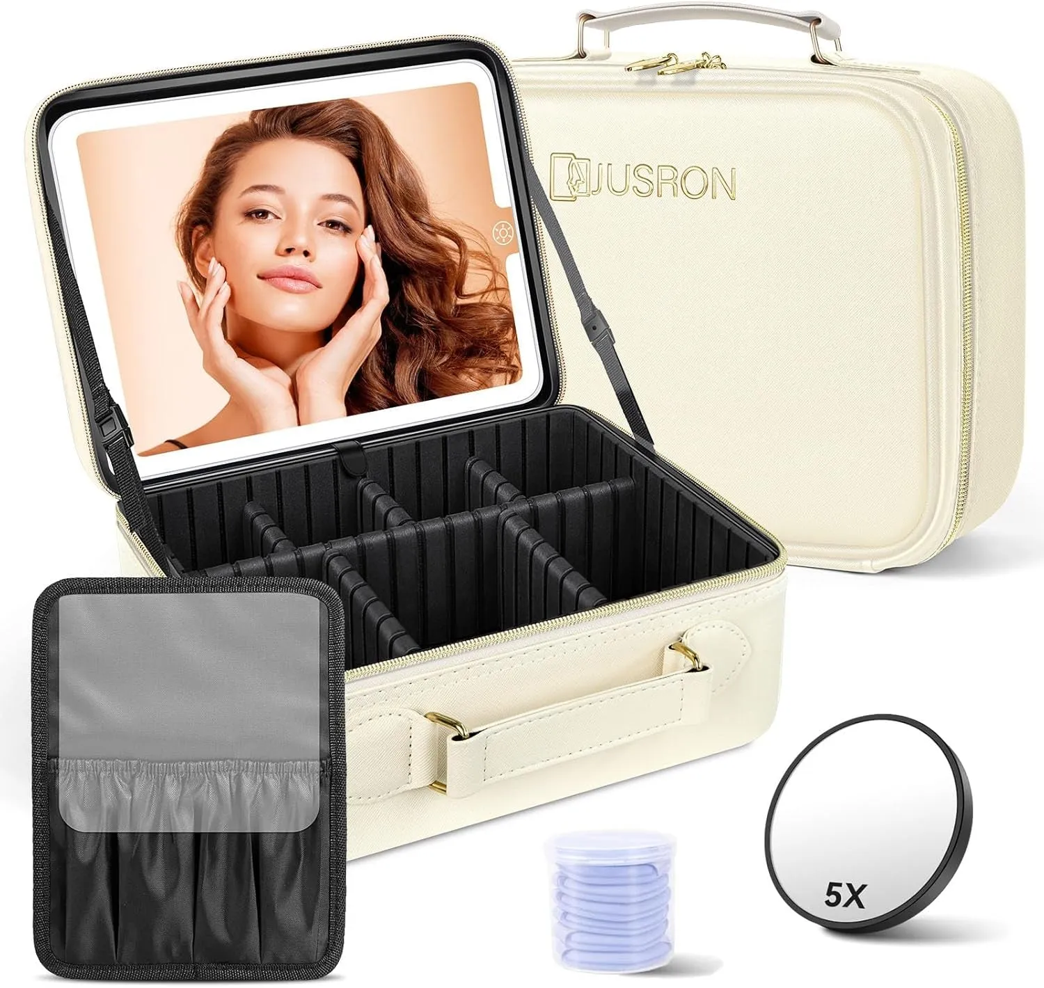 Travel Makeup Bag with LED Mirror,Train Case with Light up Mirror, Portable Makeup Artist Organizer Bag with Adjustable Dividers, Makeup Brush Holder Storage(Black, Large)