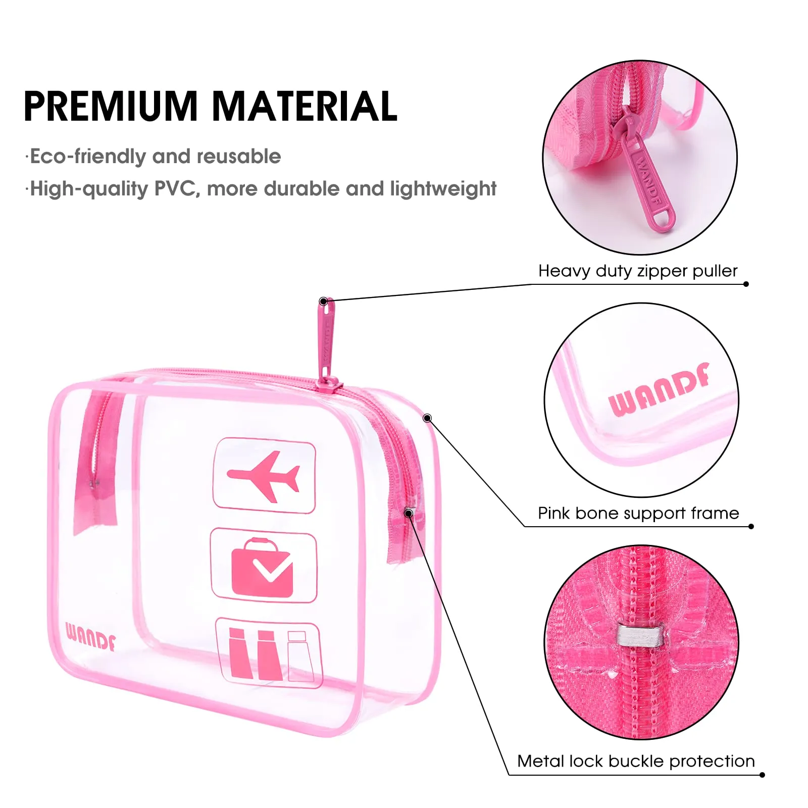TSA Approved Clear Travel Toiletry Bag wih Zippers Carry-on Travel Accessories Quart Size Toiletries Cosmetic Pouch Makeup Bags for Men and Women (4pcs Pink)
