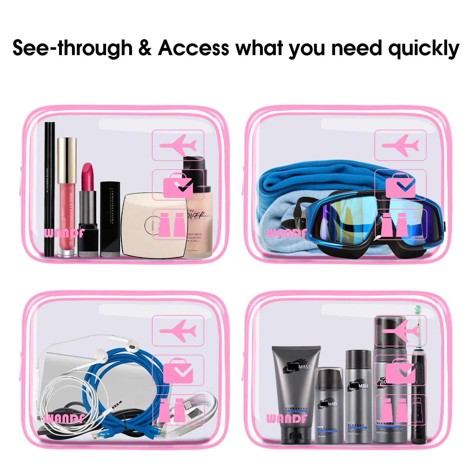 TSA Approved Clear Travel Toiletry Bag wih Zippers Carry-on Travel Accessories Quart Size Toiletries Cosmetic Pouch Makeup Bags for Men and Women (4pcs Pink)