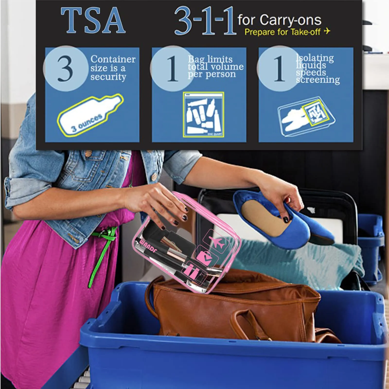 TSA Approved Clear Travel Toiletry Bag wih Zippers Carry-on Travel Accessories Quart Size Toiletries Cosmetic Pouch Makeup Bags for Men and Women (4pcs Pink)