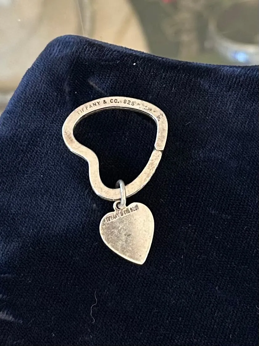 Vintage Signed Tiffany & Co. 925 Sterling Silver Heart Shaped Key Chain Key Ring with Heart Charm