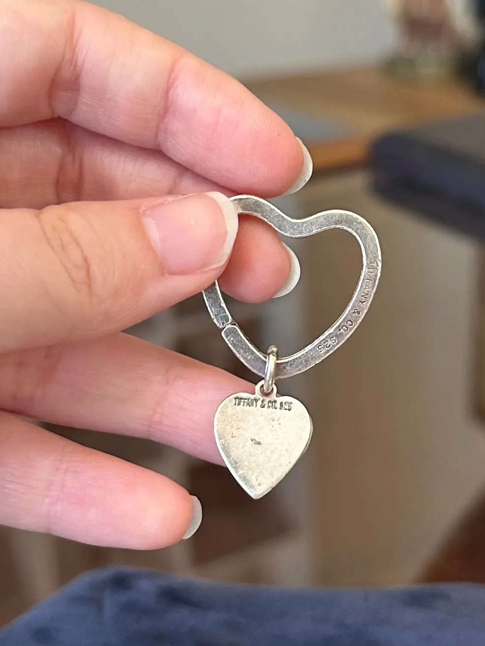 Vintage Signed Tiffany & Co. 925 Sterling Silver Heart Shaped Key Chain Key Ring with Heart Charm