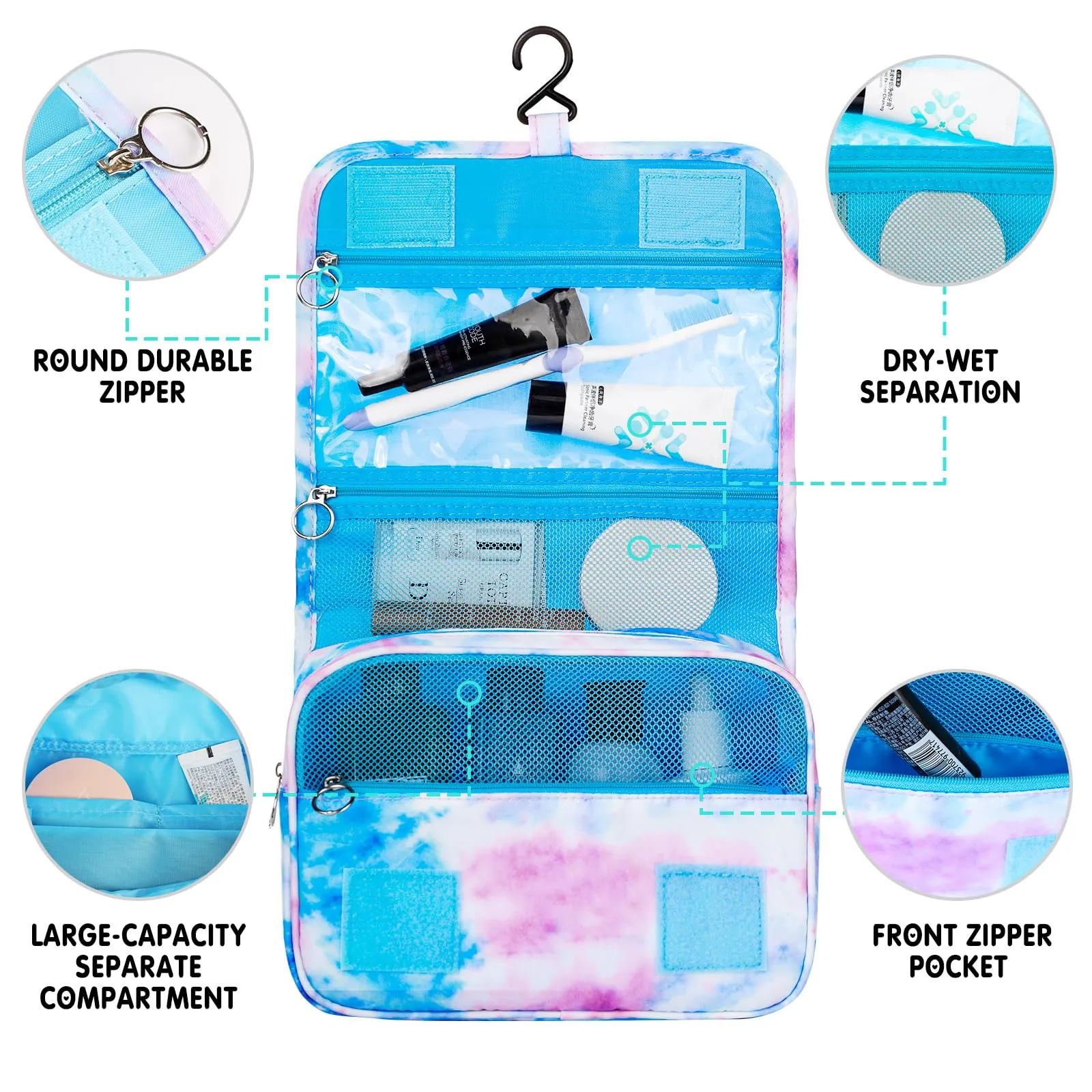Vipdeal Kids Hanging Toiletry Bag for Girls, Travel Toiletry Bag for Little Young Girls Cosmetic Makeup Waterproof Wash Bag Toddler Traveling Toiletries, Tie Dye Blue