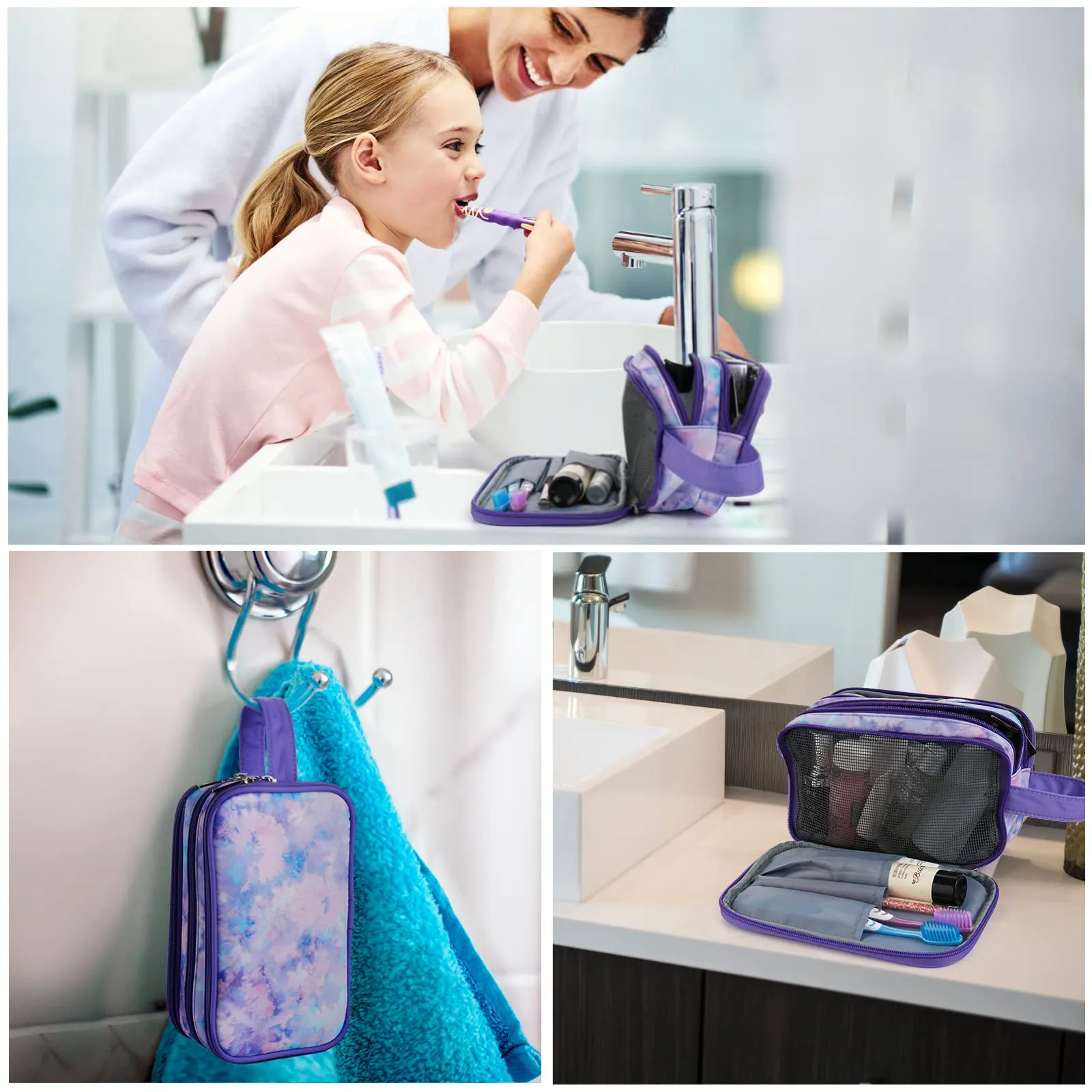 Vipdeal Kids Toiletry Bag for Girls, Travel Toiletry Bag for Teen Girls Cosmetic Bag Makeup Bag Waterproof Hanging Wash Bag Toiletries, Tie Dye Purple