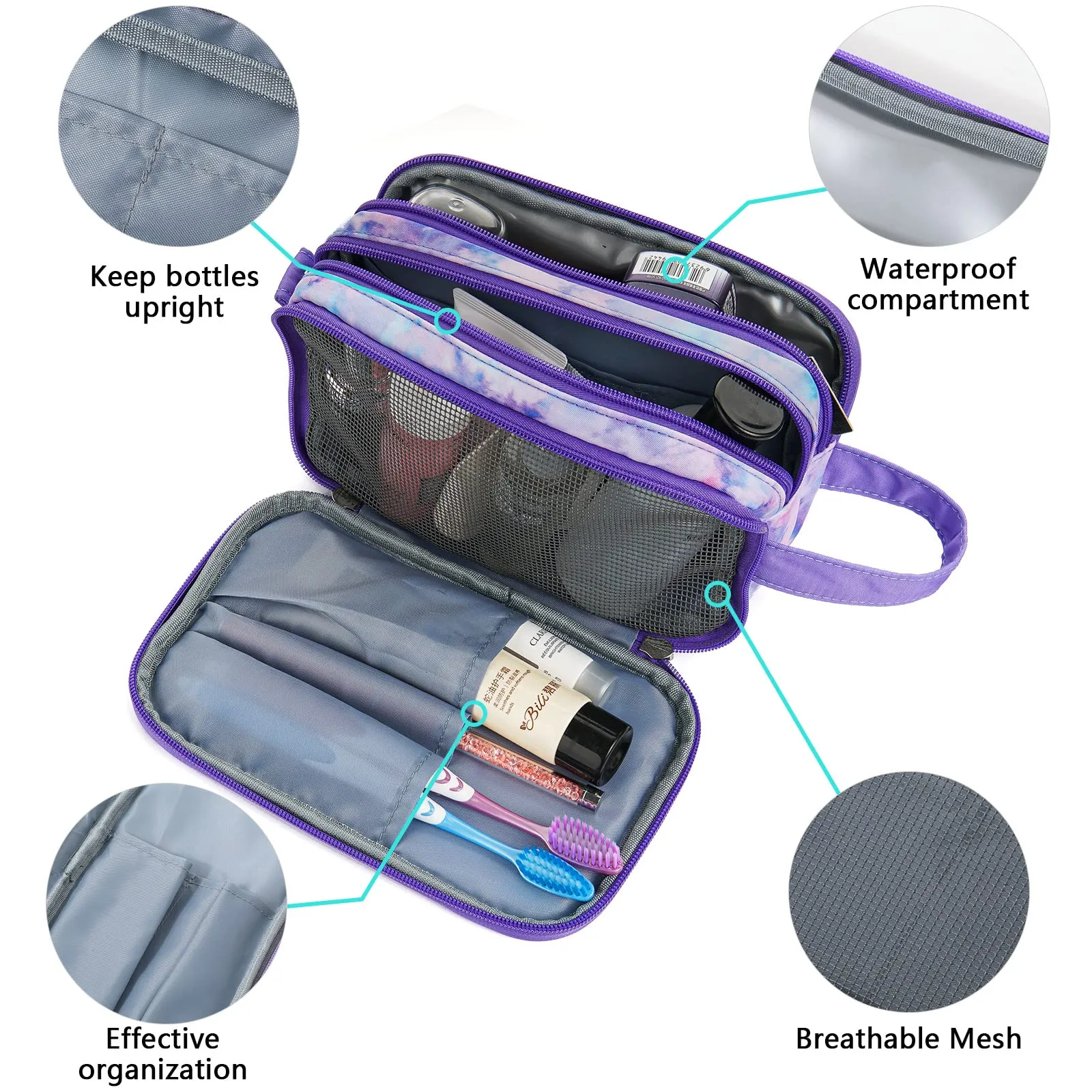 Vipdeal Kids Toiletry Bag for Girls, Travel Toiletry Bag for Teen Girls Cosmetic Bag Makeup Bag Waterproof Hanging Wash Bag Toiletries, Tie Dye Purple