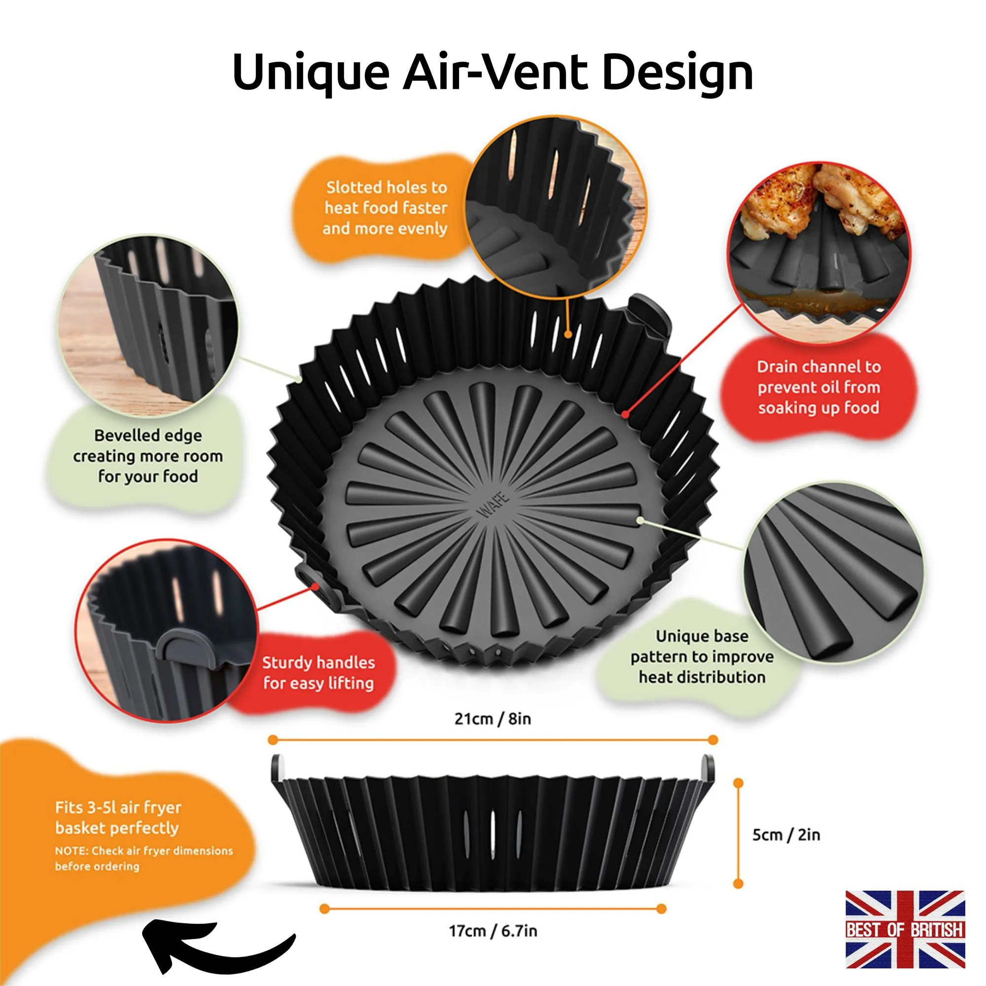 WAFE Silicone Air Fryer Liner 2PACK -Black/Orange