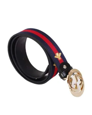 Web Bee Print Interlocking G Buckle Belt Blue and Red