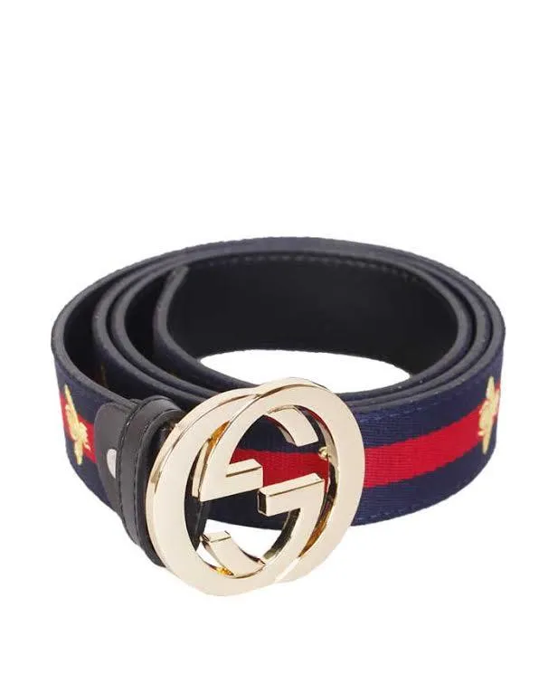 Web Bee Print Interlocking G Buckle Belt Blue and Red