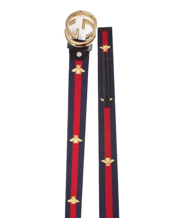 Web Bee Print Interlocking G Buckle Belt Blue and Red