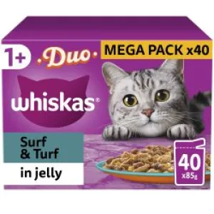 Whiskas 1  Duo Surf and Turf Adult Wet Cat Food Pouches in Jelly 40pk, 85g
