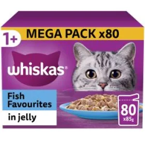 Whiskas 1  Fish Favourites Adult Wet Cat Food Pouches in Jelly 80PK, 85g