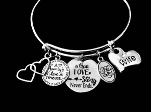 Wife Jewelry A True Love Story Never Ends Adjustable Charm Bracelet Expandable Silver Bangle One Size Fits All Gift A Family's Love is Forever I Love You Double Hearts