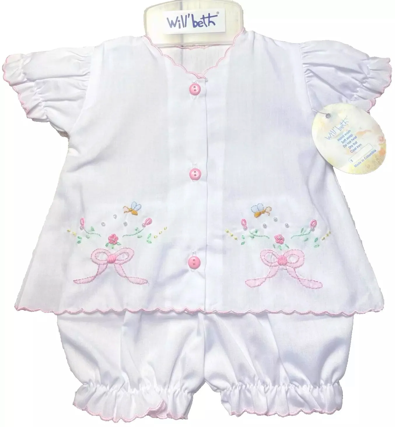 Will'beth Girls Butterfly Button Front Embroidered Bow Diaper Set Preemie & Newborn