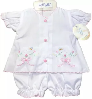 Will'beth Girls Butterfly Button Front Embroidered Bow Diaper Set Preemie & Newborn