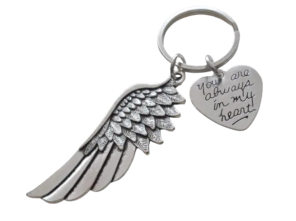 Wing Charm Keychain with "You Are Always in My Heart" Charm, Memorial Keychain