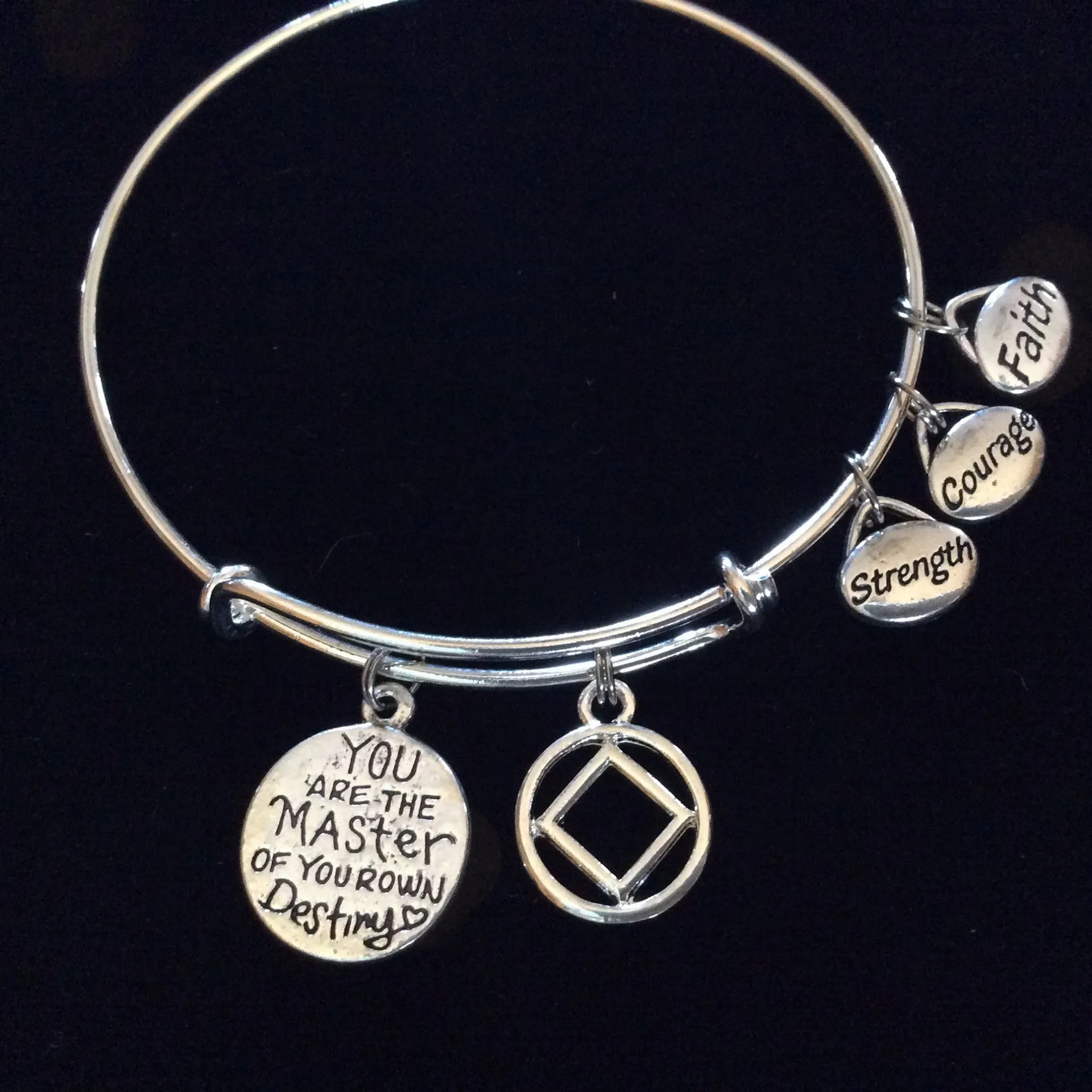 You are the Master of Your own Destiny Narcotics Anonymous Silver Expandable Charm Bracelet Bangle