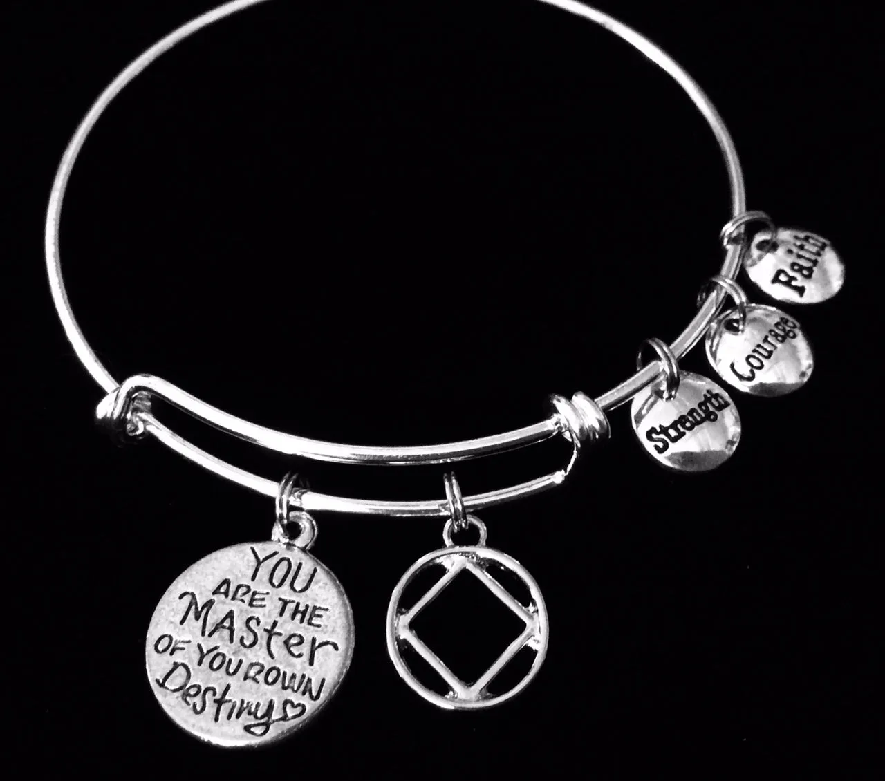 You are the Master of Your own Destiny Narcotics Anonymous Silver Expandable Charm Bracelet Bangle